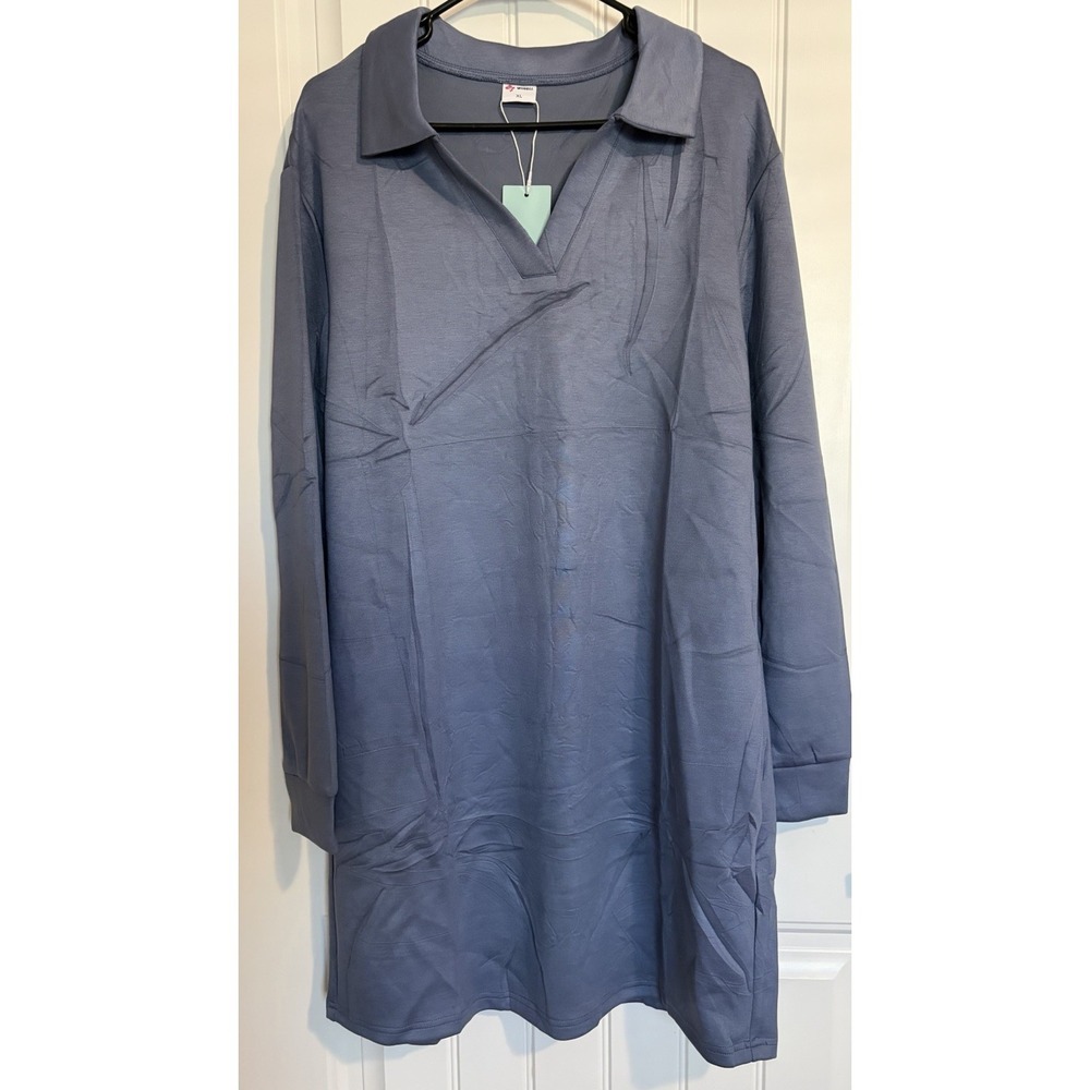 NWT WIHOLL Sweatshirt Dress Women XL Blue Long Sleeve V-Neck Loose Fit‎
